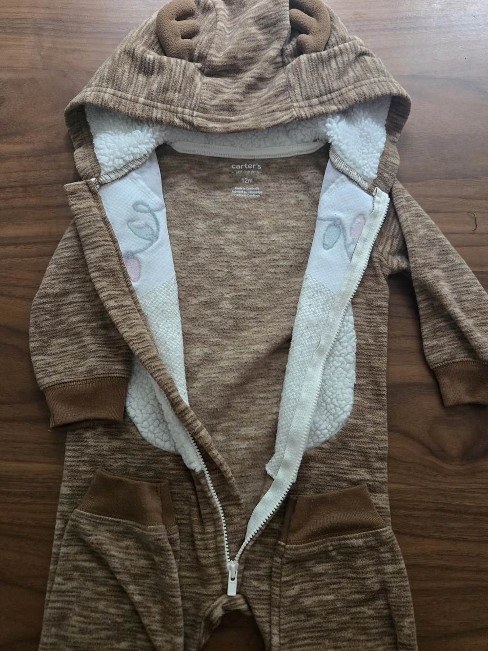 Carter’s Reindeer Christmas Romper Hooded Fleece Jumpsuit Onesie 12M